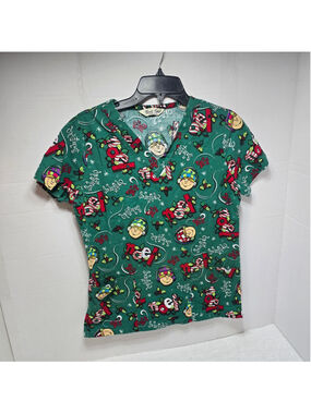 Women's Comfy Cotton Christmas Scrub Top M Green Red Noel Print